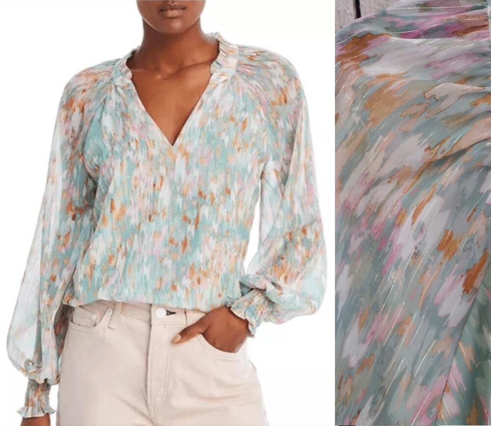 Aqua NEW Soft Pastel Abstract Ruffle-Accent Blouson-Sleeve Blouse Women's XL
